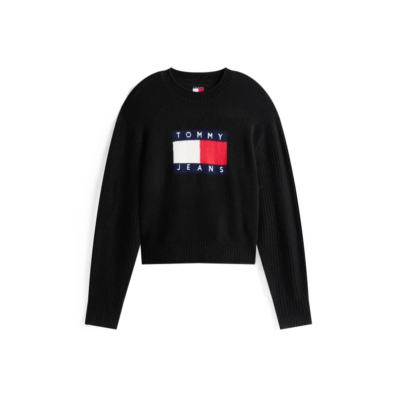 Image of Tommy Jeans Womens Large Flag Cable Knit Jumper Black Htr female 16 (XL)