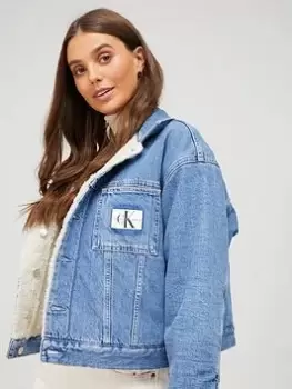 Image of Calvin Klein Jeans Reversible Sherpa Crop Denim Jacket - Blue Size XS, Women
