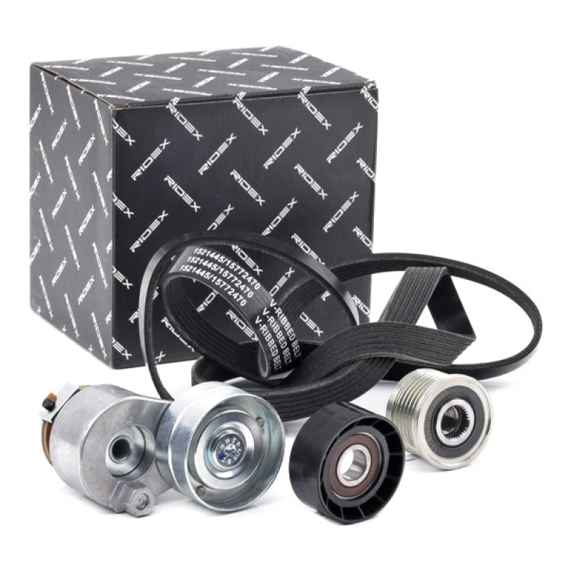Image of RIDEX 542R0732 V-ribbed belt set Check alternator freewheel clutch & replace if necessary, Pulleys: with freewheel belt pulley V-Ribbed Belt Set (542