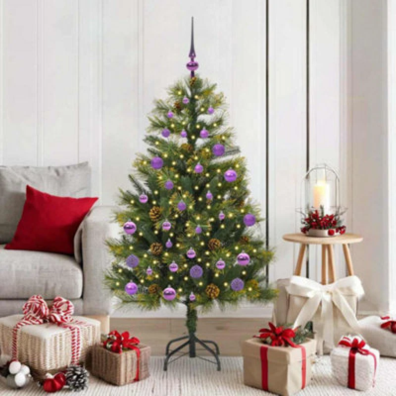 Image of vidaXL Artificial Hinged Christmas Tree with Cones, Lilac Balls Green 150 cm, Green 3395086