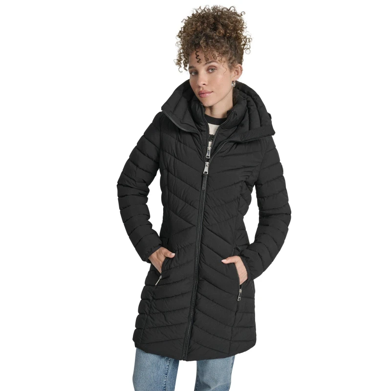 Image of DKNY Womens Double-Zip Quilted Medium Puffer Jacket Black female 8 (XS)