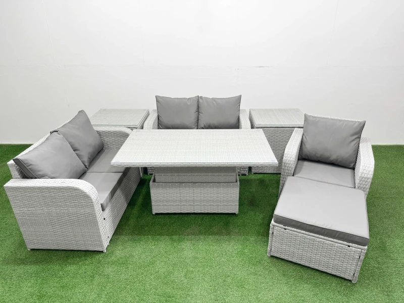 Image of Fimous High Back Poly Rattan Garden Furniture Set with Adjustable Lifting Dining or Coffee Table Indoor Outdoor Patio Set Big Stool 2 Side Table