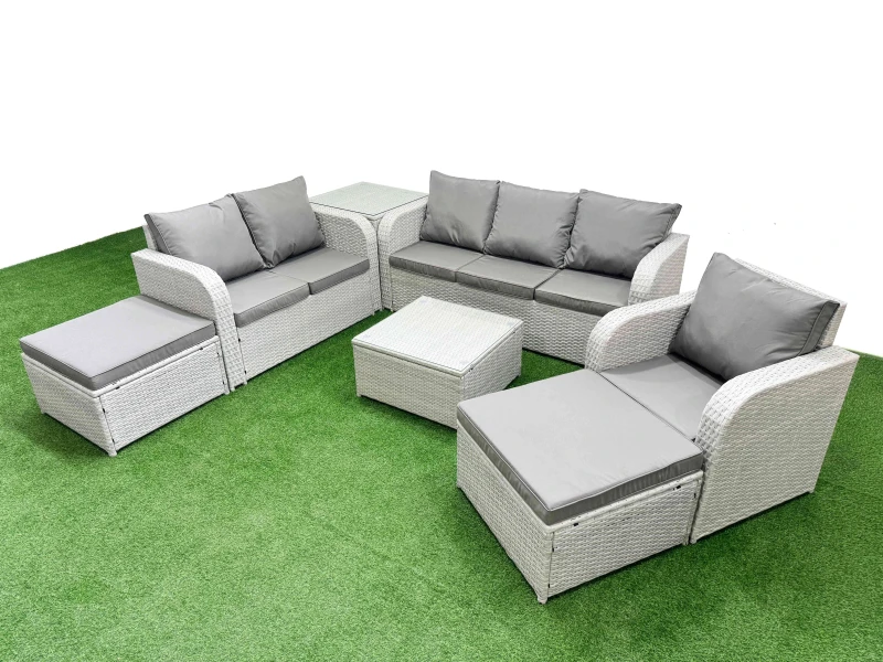 Image of Fimous Patio PE Wicker 8 Seater Outdoor Rattan Furniture Sofa Sets with Square Coffee Table Reclining Chair Loveseat Sofa 3 Seater Sofa 2 Big Footstoo