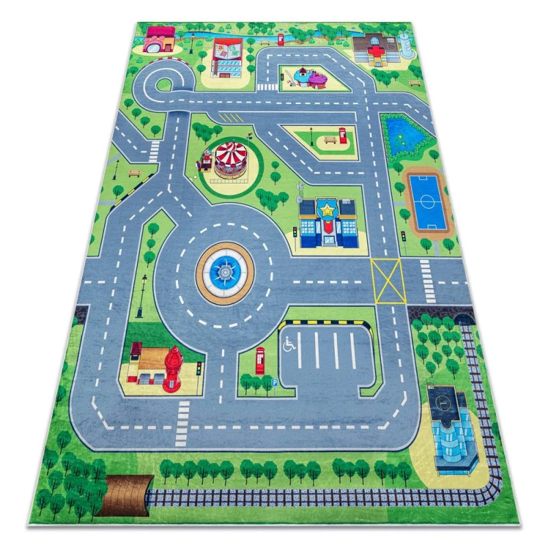 Image of RugsX Bambino 9028 Washing Carpet City, Streets For Children Anti Slip - Green / Grey 160X220 Cm