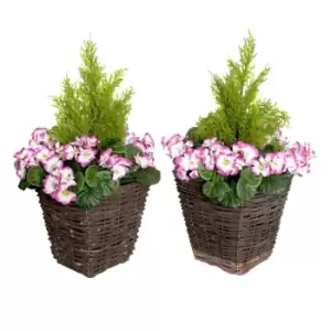 Image of GreenBrokers Artificial Purple and White Geraniums Dark Rattan Planters 60cm 2 Pack