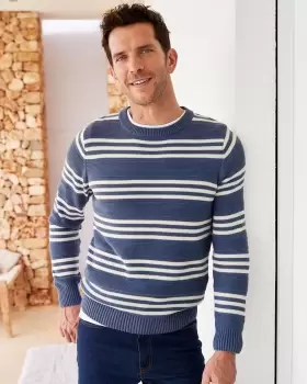 image of Cotton Traders Textured Stripe Crew Neck Jumper in Blue