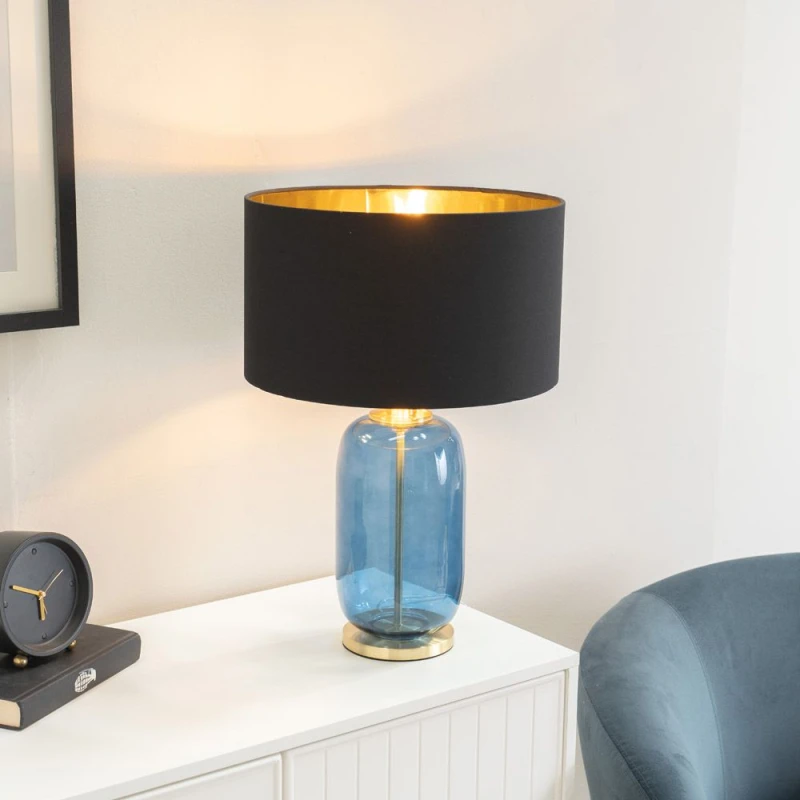 Image of ValueLights ValueLights Leigh Black with Gold Shade with Navy Blue Glass and Gold Table Lamp & LED Bulb Blue One Size Unisex 5059406049712