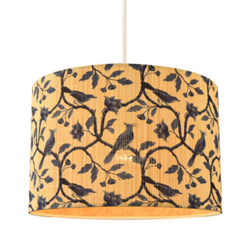 Image of Happy Homewares Modern Bamboo Pendant Light Shade With Blue Birds And Floral Decor