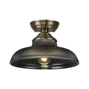 image of Luminosa Talisa Flush Ceiling Lamp E27 With Round 30cm Glass Shade Antique Brass, Smoked