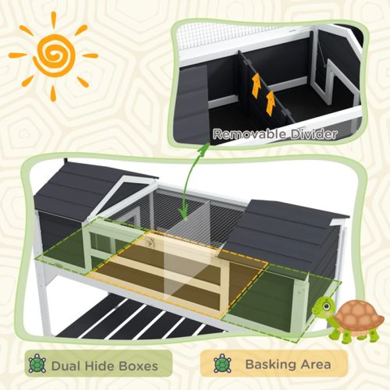 Image of PawHut Wooden Tortoise House w/ Adjustable Lamp Holder, Storage Shelf, Dual Main Houses Grey
