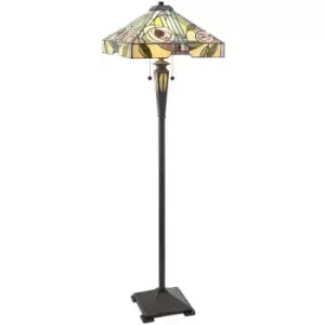 image of 1.5m Tiffany Twin Floor Lamp Dark Bronze & Stained Glass Roses Shade i00029