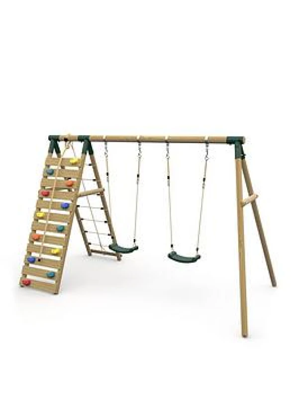 Image of Plum Uakari Wooden Swing Set - Double Swing & Climbing Wall - Green, Brown 5008A0101