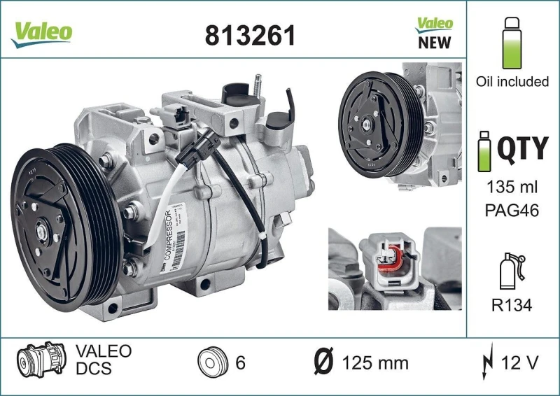 Image of VALEO 813261 AC Compressor NEW Original PART, PAG 46, Refrigerant: R134a, with PAG compressor oil Compressor,air conditioning (447)