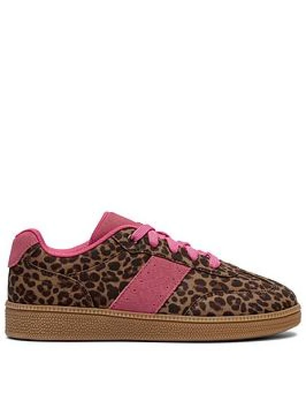 Image of Clarks Cypress Lace Older Leopard Print Trainers, Lace Up in Brown Size: 3-Wide Fit Brown Unisex 3-Wide Fit