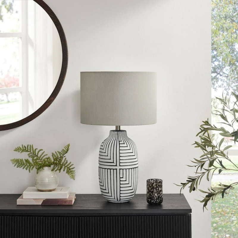 Image of FurnitureboxUK Maze Grey & Black Patterned Ceramic Round Table Lamp Grey Unisex