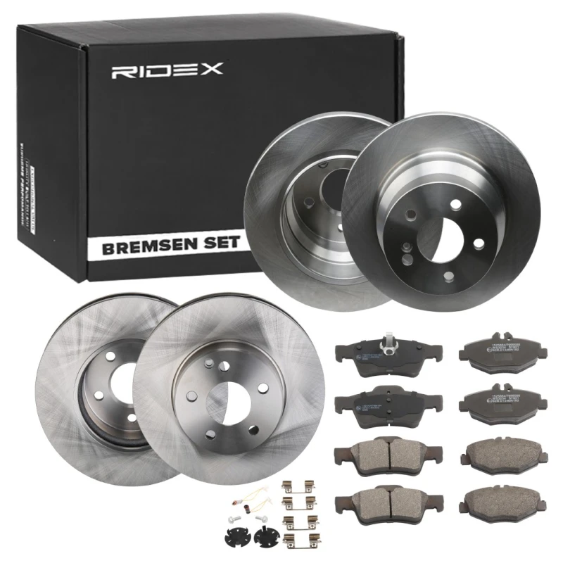 Image of RIDEX 3405B1754 Brake disc and pads set Rear Axle, Brake Disc Type: Solid, prepared for wear warning indicator, with anti-squeak plate Brake Set,disc