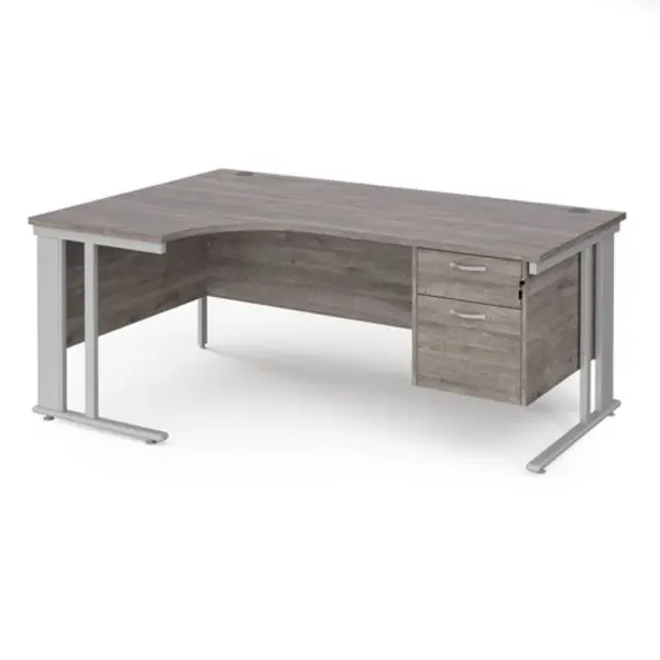 Image of Maestro 25 left hand ergonomic desk 1800mm wide with 2 drawer pedestal - silver cable managed leg frame, grey oak top