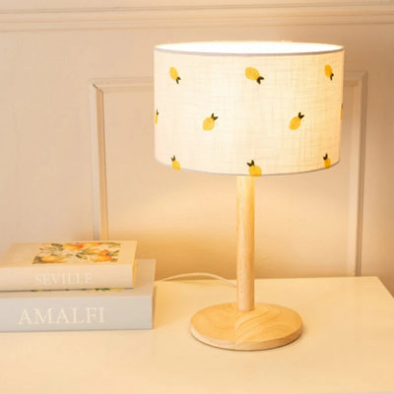 Image of ValueLights Triston Natural Light Wood Stem Table Lamp with Lemon Embroidered Lamp Shade Natural