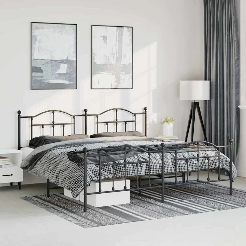 Image of Vidaxl Metal Bed Frame Without Mattress With Footboard Black 183X213 Cm, Black 353462