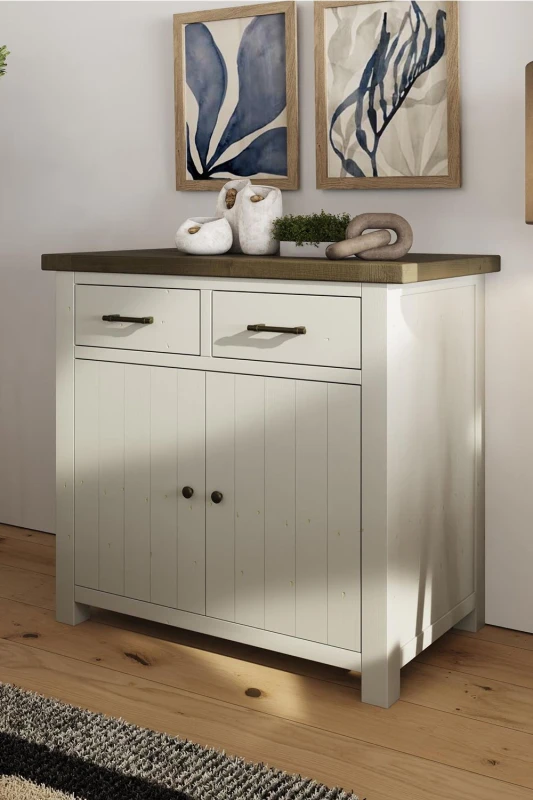 Image of FWStyle 2 Door 2 Drawer Handmade Solid Reclaimed Truffle Pine Small Sideboard Brown