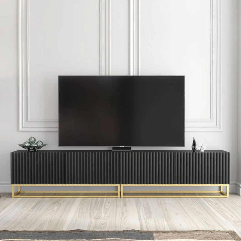 Image of Creative Furniture Ripple Duo TV Unit 200cm - Black with Fluted Doors Black Unisex