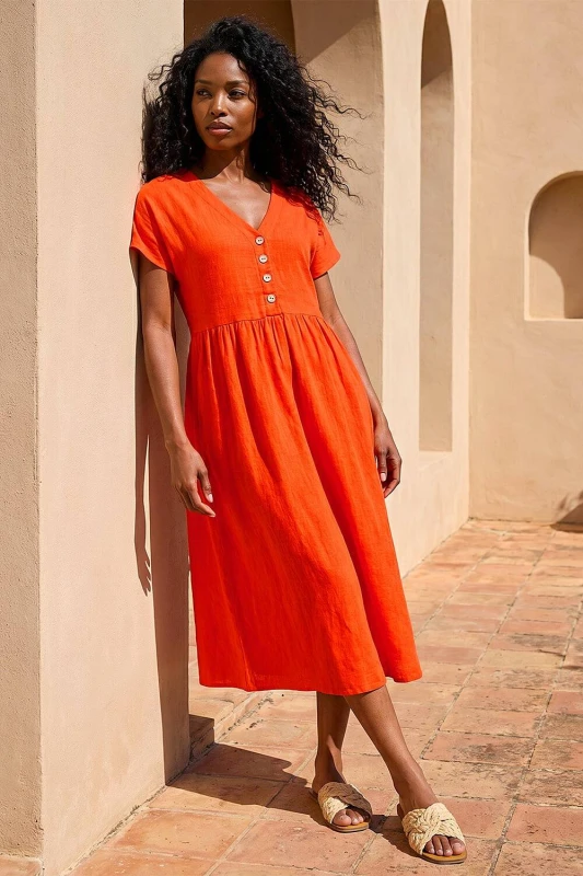 Image of Roman Womens Linen Look Button Midi Dress in Orange Size: 18 Orange Female 18