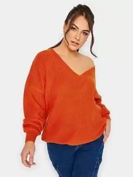 image of Yours Double V Neck Jumper Orange, Size 14-16, Women