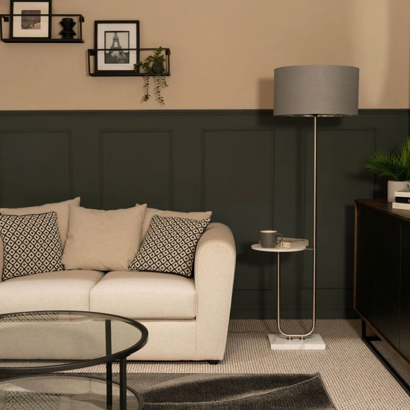 Image of ValueLights Tavel Brushed Chrome Marble Base Floor Lamp With Table And Large Grey And Chrome Shade Brown