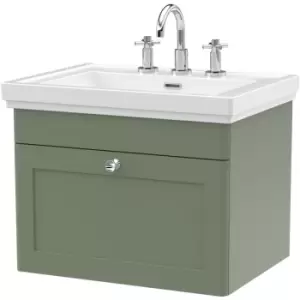 image of Classique Wall Hung 1-Drawer Vanity Unit with Basin 600mm Wide Satin Green - 3 Tap Hole - Nuie