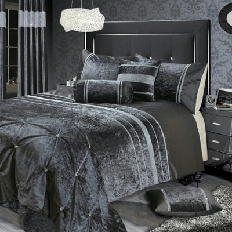 Image of Intimates Elegant Crushed Velvet & Faux Silk Duvet Cover Set With Pillowcases, Chic & Sophisticated Bedroom Set, Machine Washable - Silver