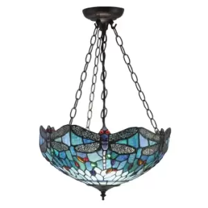 Image of Dragonfly Tiffany 3 Light Medium Inverted Ceiling Pendant Bronze, Blue