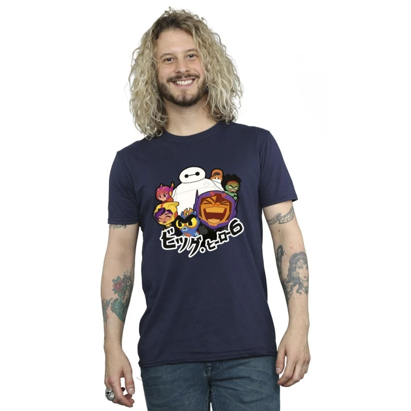 Image of Disney Men Big Hero 6 Baymax Group Manga T-Shirt in Navy Size: Small Navy S Male 5059934894648