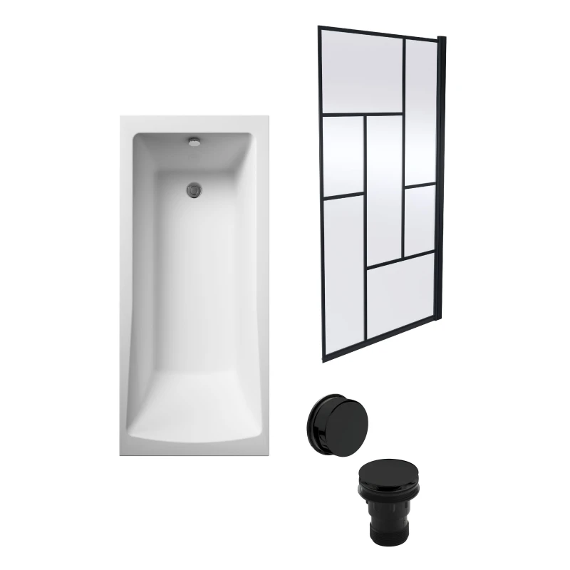 Image of Balterley Square Bath, Abstract Black Screen and Black Waste 1700 x 700mm Black