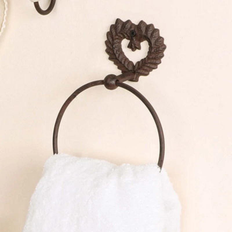 Image of Dibor Vintage Style Antique Brown Cast Iron Towel Ring Wall Mounted Love Heart Towel Rail Ornate Kitchen Hanging Hook