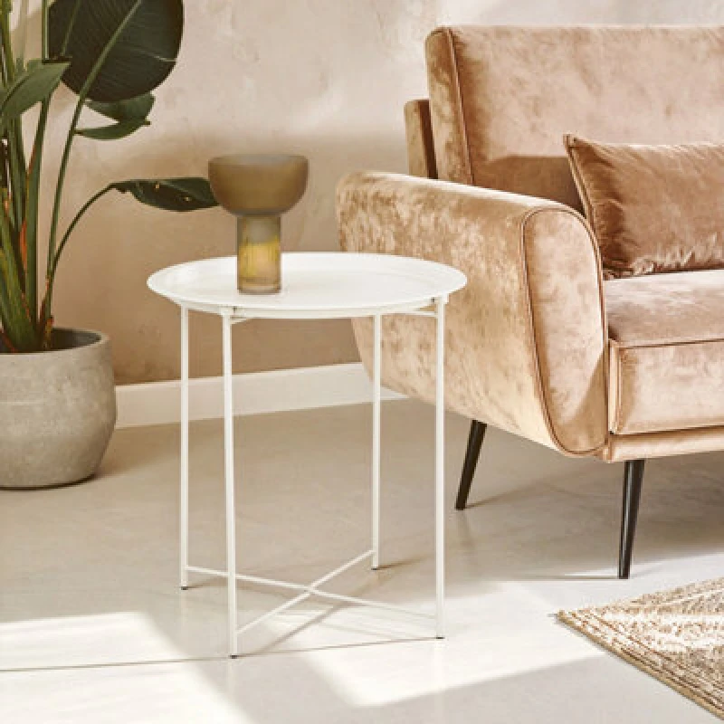 Image of Orsina Modern Design White Metal Round Side Table, Sleek Bedside Table For Bedroom, Functional Livingroom Sidetable