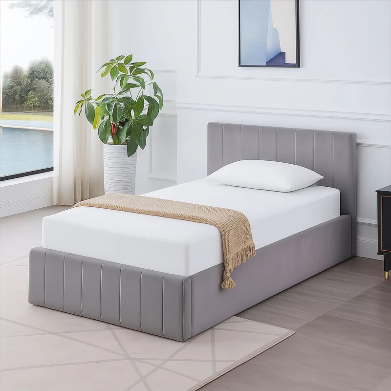 Image of KOSY KOALA KOSY KOALA Ottoman Bed Gas Lift Storage Grey 3ft Single with 1 Mattress Line Pattern Velvet Bedroom Grey One Size Unisex 5060711589060