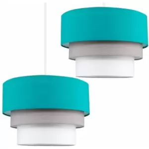 image of Minisun - 2 x Round 3 Tier Turquoise Teal, Grey & White Fabric Ceiling Light Shades