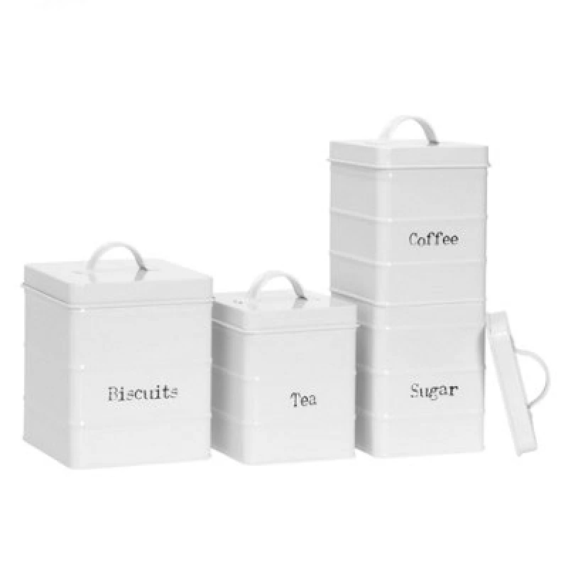 Image of Harbour Housewares 4 Piece Vintage Metal Kitchen Canisters Set White White