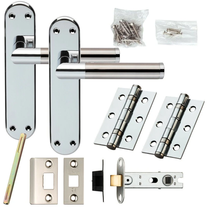 Image of Loops Door Handle & Latch Pack Chrome & Satin Nickel Modern Round Bar on Backplate Metallics
