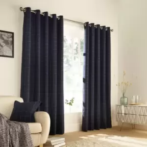 Image of Furn. Ellis Windowpane Check Ringtop Eyelet Curtains (Pair) Polyester Navy (117X183Cm)
