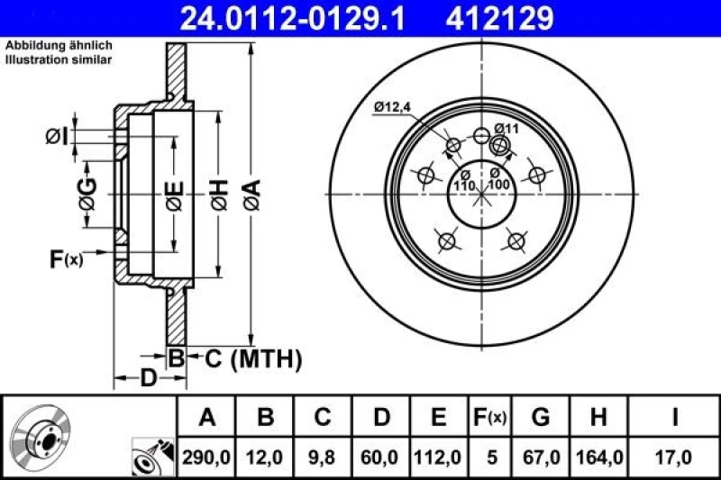 Image of ATE 24.0112-0129.1 Brake disc solid, Coated, High-carbon Brake Disc (82)
