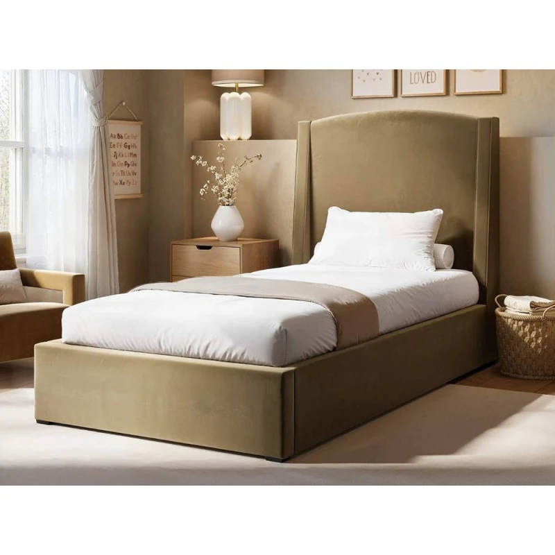 Image of Solace+Co Blaine Single Winged Headboard Ottoman Bed in Light Sand Light Sand Unisex Single