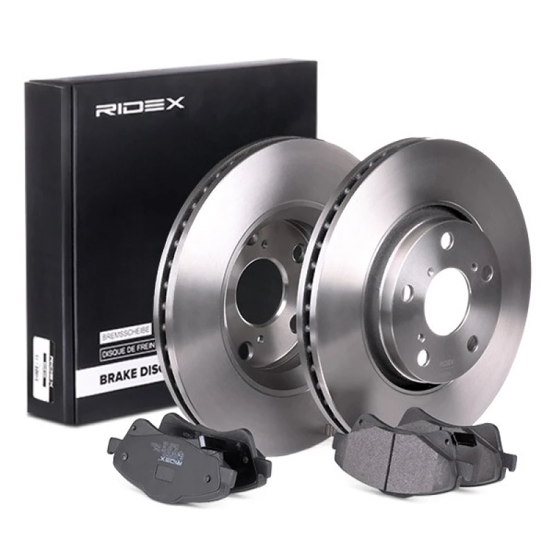Image of RIDEX 3405B0119 Brake disc and pads set Front Axle, Brake Disc Type: Vented, with acoustic wear warning, with anti-squeak plate Brake Set,disc brakes