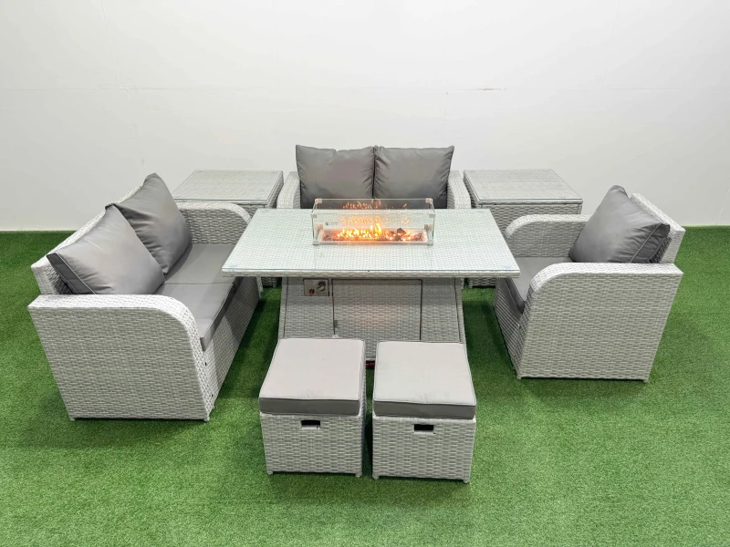 Image of Fimous High Back Poly Rattan Garden Furniture Set with Reclining Chair Loveseat Sofa Firepit Dining Table Indoor Outdoor Patio Set 2 Stool 2 Side Tab