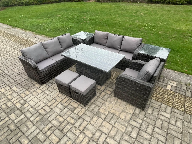 Image of Fimous PE Rattan Outdoor Garden Furniture Sets Height Adjustable Rising lifting Dining Table Sofa Set with Reclining Chair 2 Small Footstools Dark Gre