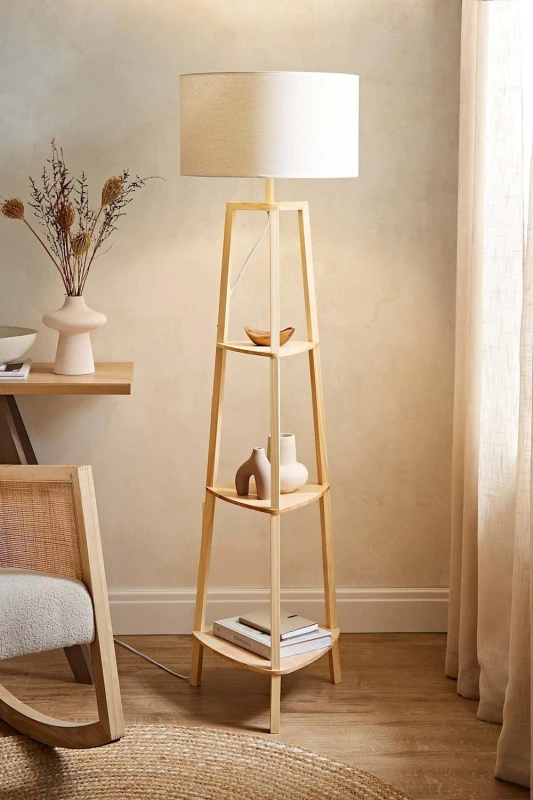 Image of ValueLights Hiru Three Tier Shelved Wooden Floor with Linen Trim Drum Lamp Shade White