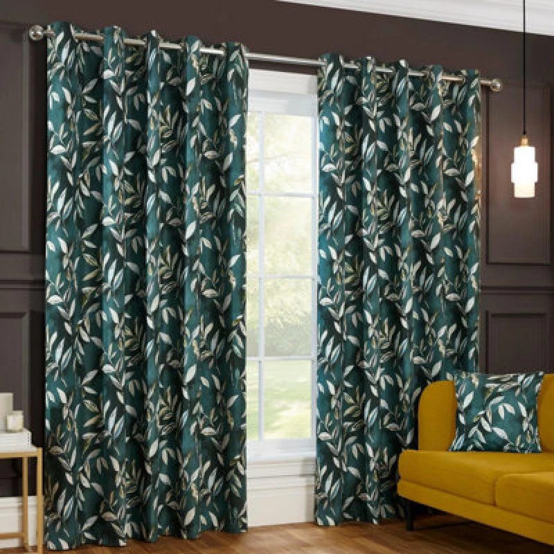 Image of Sundour Madrid Blackout Ready Made Leaves Eyelet Curtains Bottle Green 46X54"