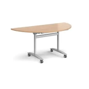 Image of Semi circular deluxe fliptop meeting table with silver frame 1600mm x 800mm - beech