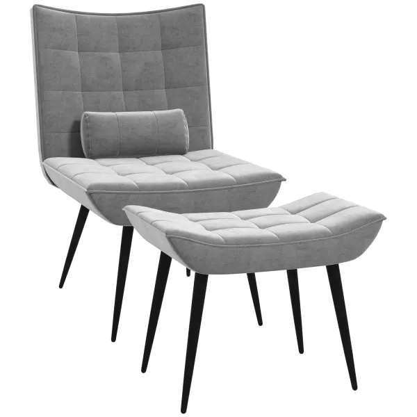 Image of HOMCOM Armless Accent Chair w/ Footstool Set, Modern Tufted Upholstered Lounge Chair w/ Pillow, Steel Legs, Grey