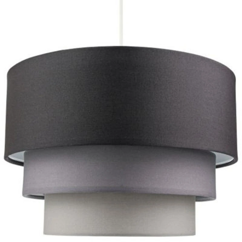 Image of Happy Homewares Contemporary Round Triple Tier Soft Grey Cotton Fabric Pendant Light Shade